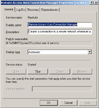 Windows 2000 Remote Access Auto Connection Manager Properties Dialog.